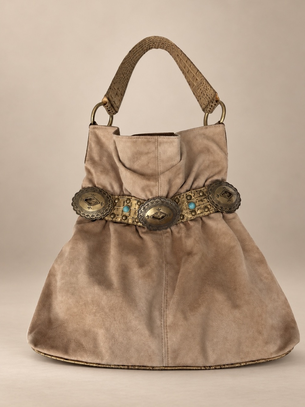 Kathy Van Zeeland Western Concho Faux Suede Hobo Shoulder Bag Brown Gold